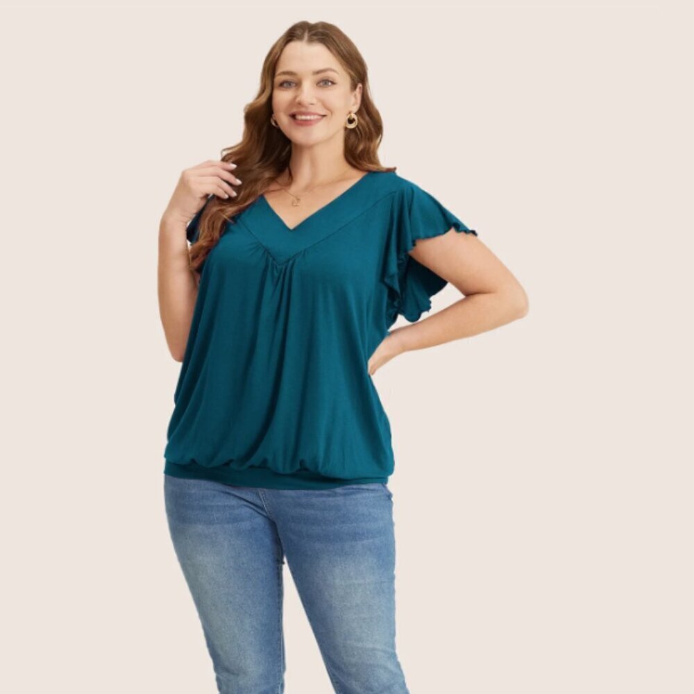 BloomChic Plus size XL Plain Gathered V Neck Ruffle Sleeve T-shirt us14